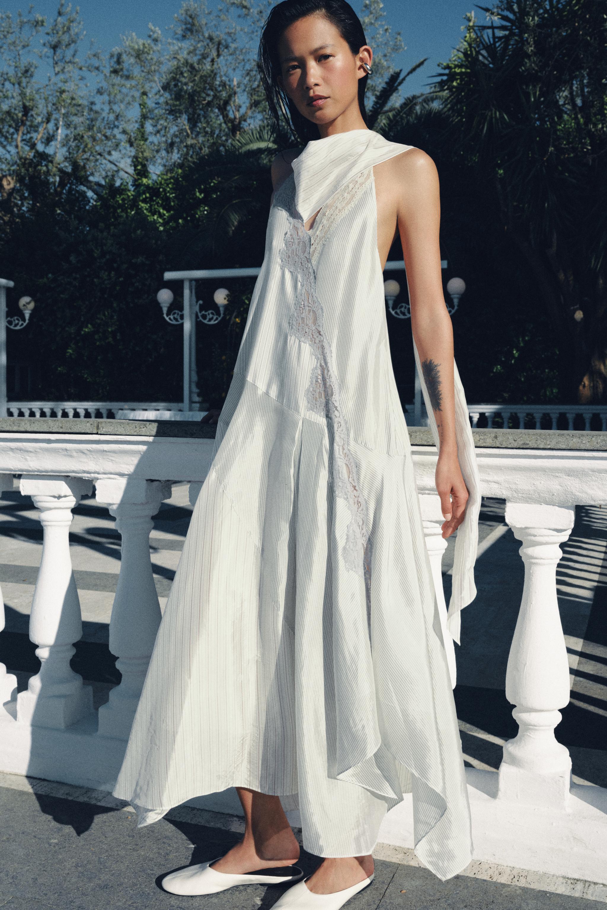 STRIPED LACE HALTER DRESS